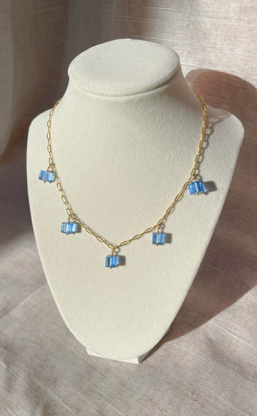 Sapphire Glass Cube Necklace