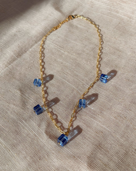 Sapphire Glass Cube Necklace